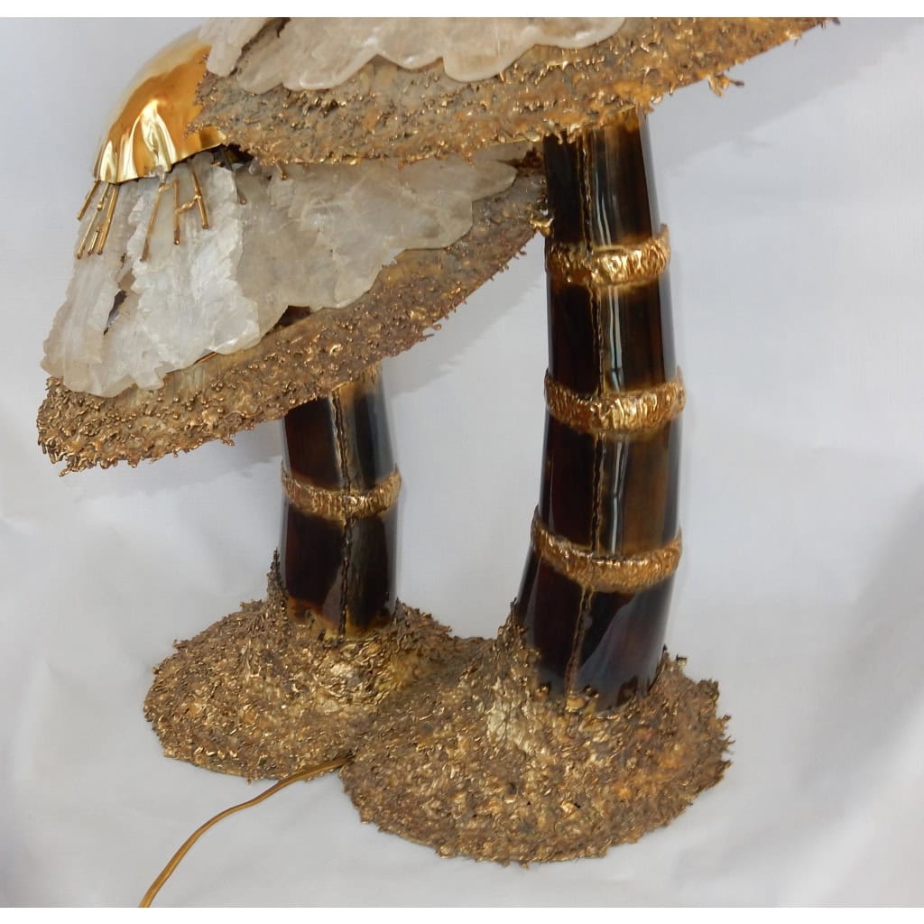 1970′Lampe Aux 2 Champignons Éclairante En Laiton Avec Gypse Imitant le Cristal De Roche Style Duval Brasseur, Faure, Fernandez | Biron 1970′Lampe Aux 2 Champignons Éclairante En Laiton Avec Gypse Imitant le Cristal De Roche Style Duval Brasseur, Faure, Fernandez