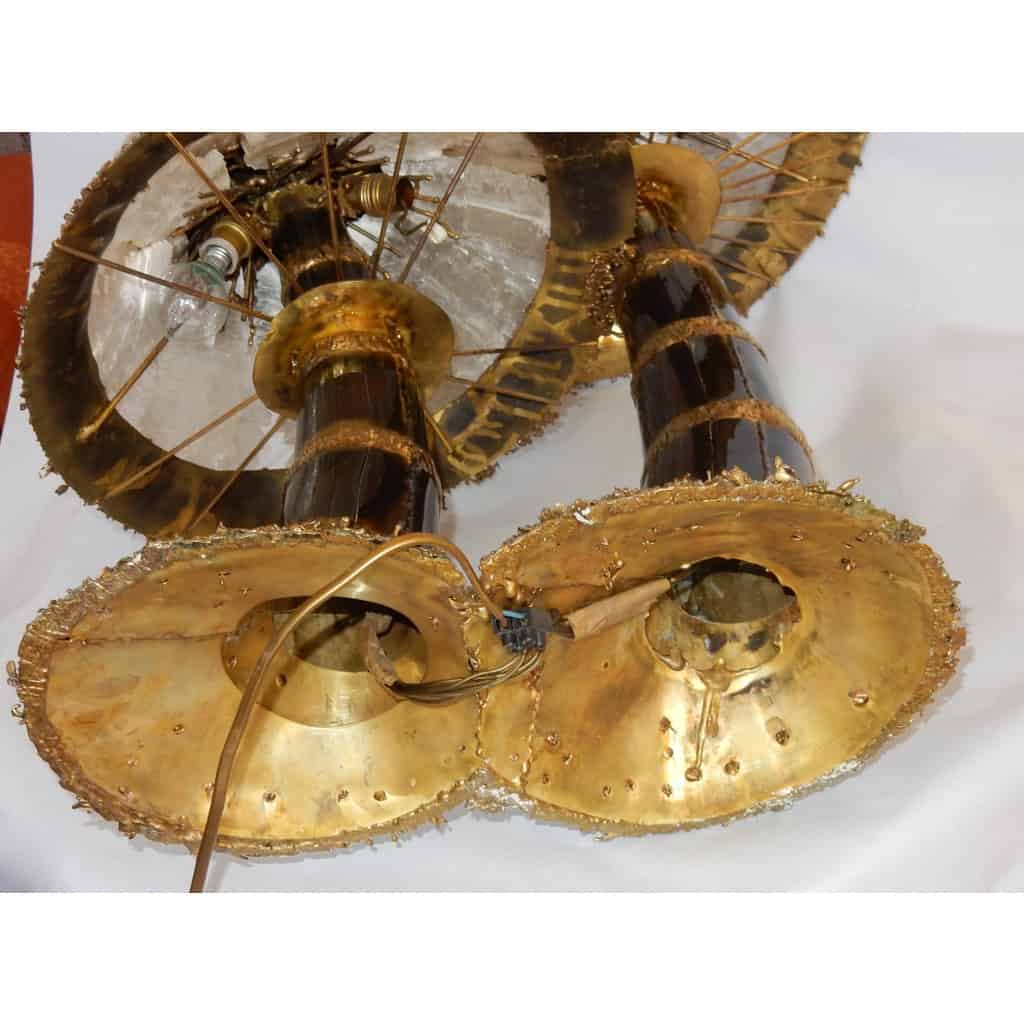 1970′Lampe Aux 2 Champignons Éclairante En Laiton Avec Gypse Imitant le Cristal De Roche Style Duval Brasseur, Faure, Fernandez | Biron 1970′Lampe Aux 2 Champignons Éclairante En Laiton Avec Gypse Imitant le Cristal De Roche Style Duval Brasseur, Faure, Fernandez