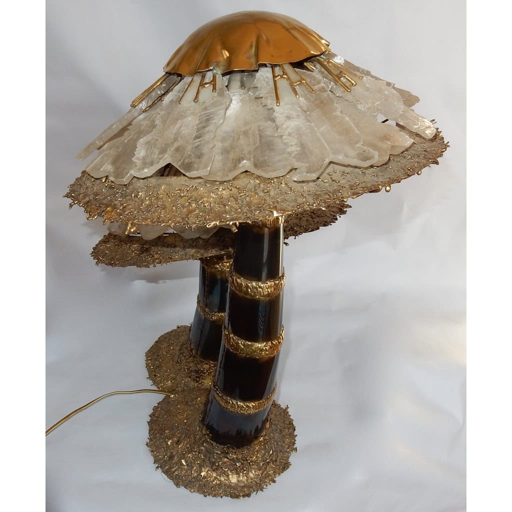 1970′Lampe Aux 2 Champignons Éclairante En Laiton Avec Gypse Imitant le Cristal De Roche Style Duval Brasseur, Faure, Fernandez | Biron 1970′Lampe Aux 2 Champignons Éclairante En Laiton Avec Gypse Imitant le Cristal De Roche Style Duval Brasseur, Faure, Fernandez