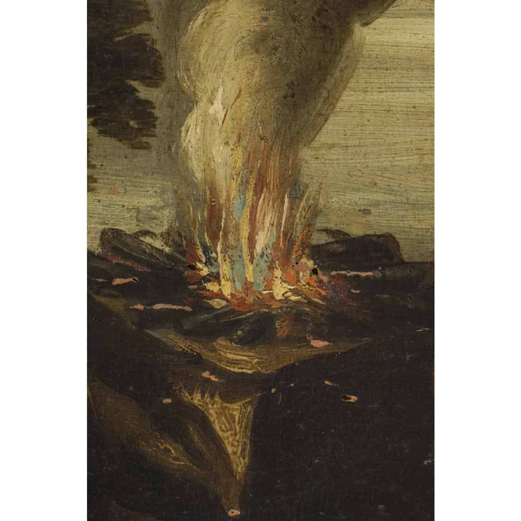 Oil on panel in its gilded wooden frame, depicting the biblical scene of Cain and Abel. European work of the XVIIIth century, probably Spanish school (Arcayos mention on the reverse). | Biron Oil on panel in its gilded wooden frame, representing the biblical scene of Cain and Abel. European work from the XVIII1st century, probably Spanish school (Arcayos mentioned on the reverse).