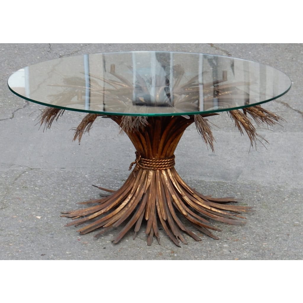 1970′ Guéridon ou Table Basse Gerbe de Blé Style YSL Métal Doré | Biron |||||||||