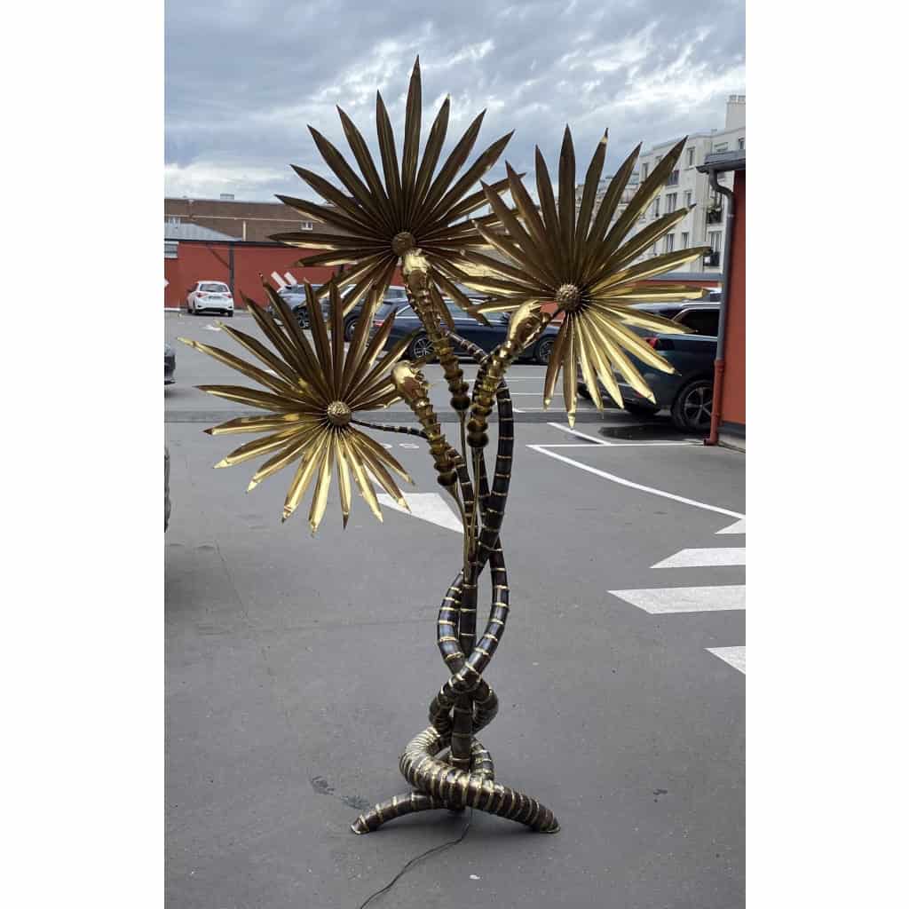 1970′ Lampadaire Palmier Yuka en Laiton Et fer Patiné Maison Jansen 3 Têtes Style Brutaliste | Biron |||||||||||||||