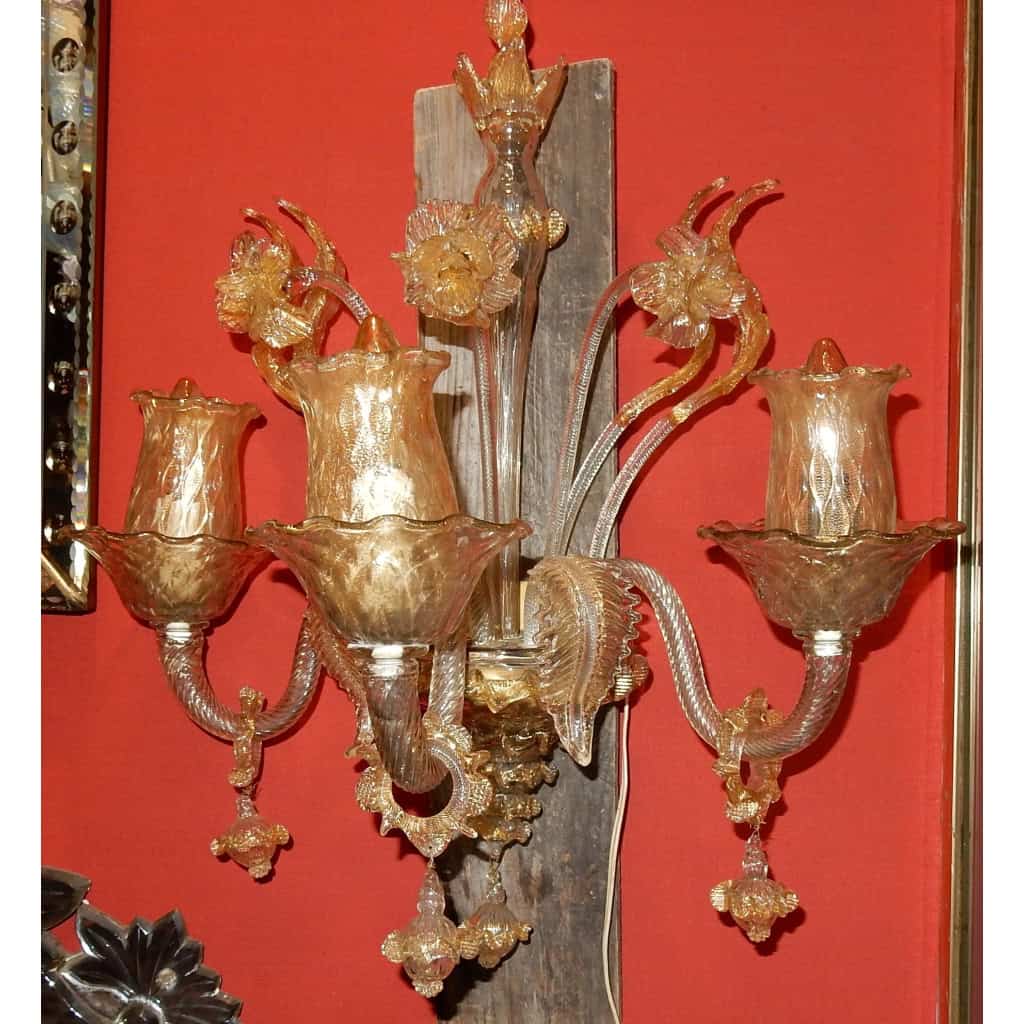 1950/70′ Paire d’Appliques à 3 Bras de Lumière en Cristal de Murano Avec Paillons d’Or | Biron |||||||||