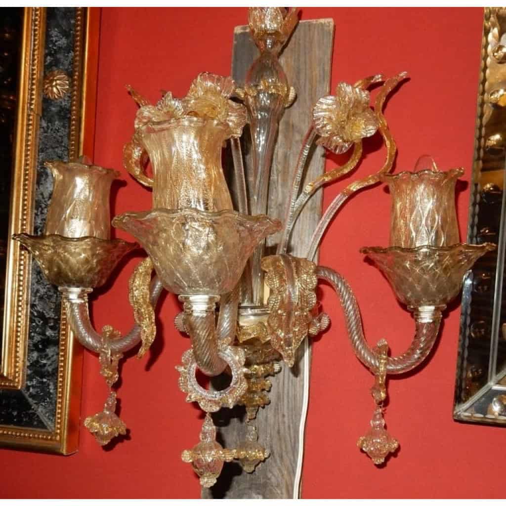 1950/70′ Paire d’Appliques à 3 Bras de Lumière en Cristal de Murano Avec Paillons d’Or | Biron 1950/70′ Paire d’Appliques à 3 Bras de Lumière en Cristal de Murano Avec Paillons d’Or