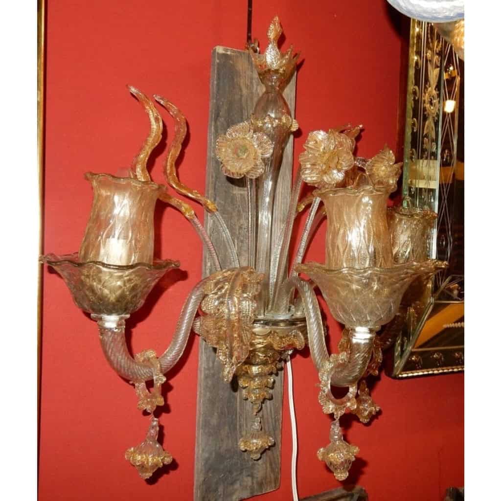 1950/70′ Paire d’Appliques à 3 Bras de Lumière en Cristal de Murano Avec Paillons d’Or | Biron 1950/70′ Paire d’Appliques à 3 Bras de Lumière en Cristal de Murano Avec Paillons d’Or