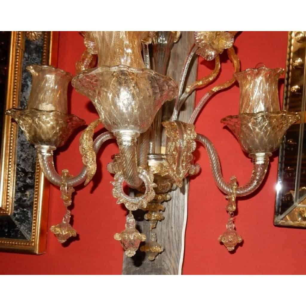 1950/70′ Paire d’Appliques à 3 Bras de Lumière en Cristal de Murano Avec Paillons d’Or | Biron 1950/70′ Paire d’Appliques à 3 Bras de Lumière en Cristal de Murano Avec Paillons d’Or