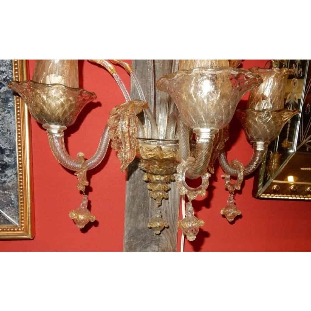 1950/70′ Paire d’Appliques à 3 Bras de Lumière en Cristal de Murano Avec Paillons d’Or | Biron 1950/70′ Paire d’Appliques à 3 Bras de Lumière en Cristal de Murano Avec Paillons d’Or
