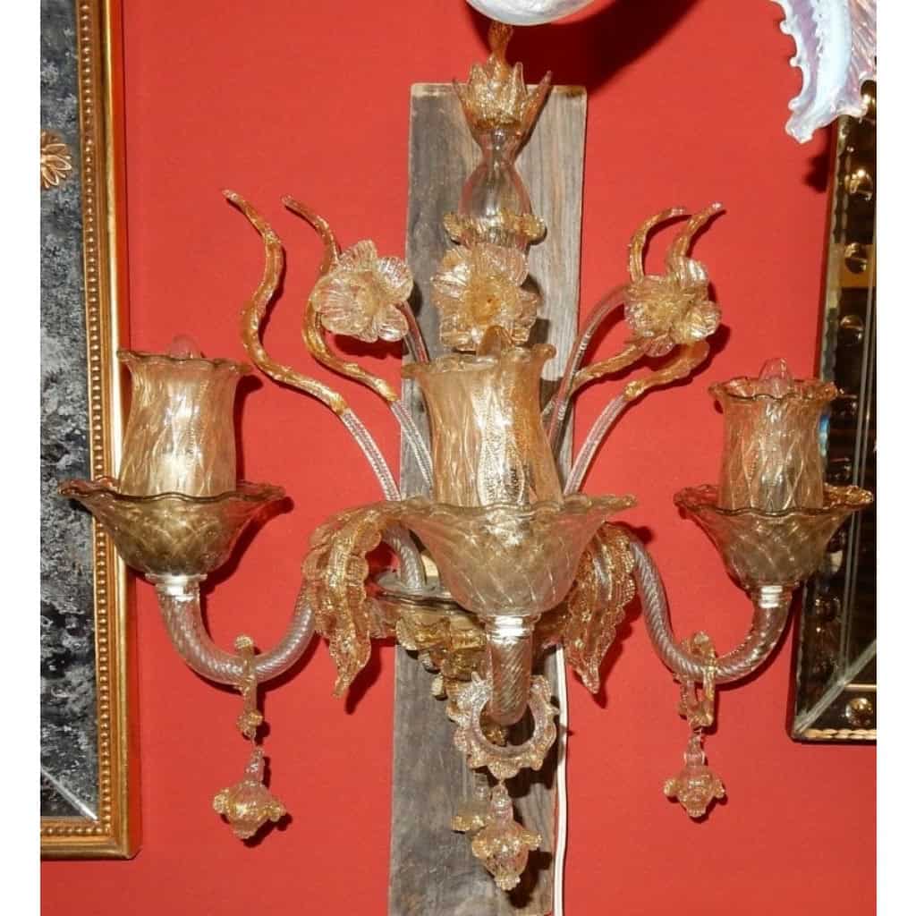 1950/70′ Paire d’Appliques à 3 Bras de Lumière en Cristal de Murano Avec Paillons d’Or | Biron 1950/70′ Paire d’Appliques à 3 Bras de Lumière en Cristal de Murano Avec Paillons d’Or