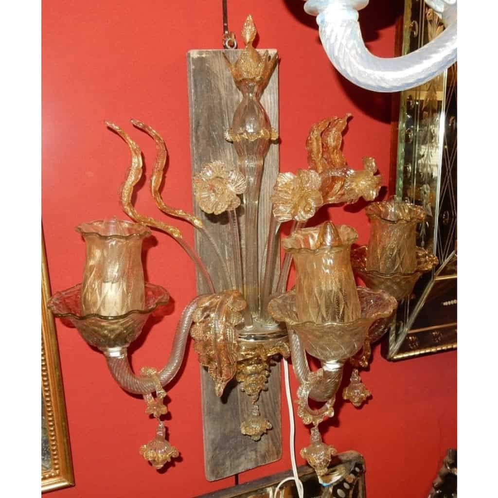 1950/70′ Paire d’Appliques à 3 Bras de Lumière en Cristal de Murano Avec Paillons d’Or | Biron 1950/70′ Paire d’Appliques à 3 Bras de Lumière en Cristal de Murano Avec Paillons d’Or