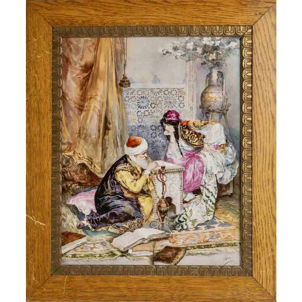 Grande Paire de Plaques Orientalistes en Porcelaine Polychrome Napoléon III | Biron Grande Paire de Plaques Orientalistes en Porcelaine Polychrome Napoléon III