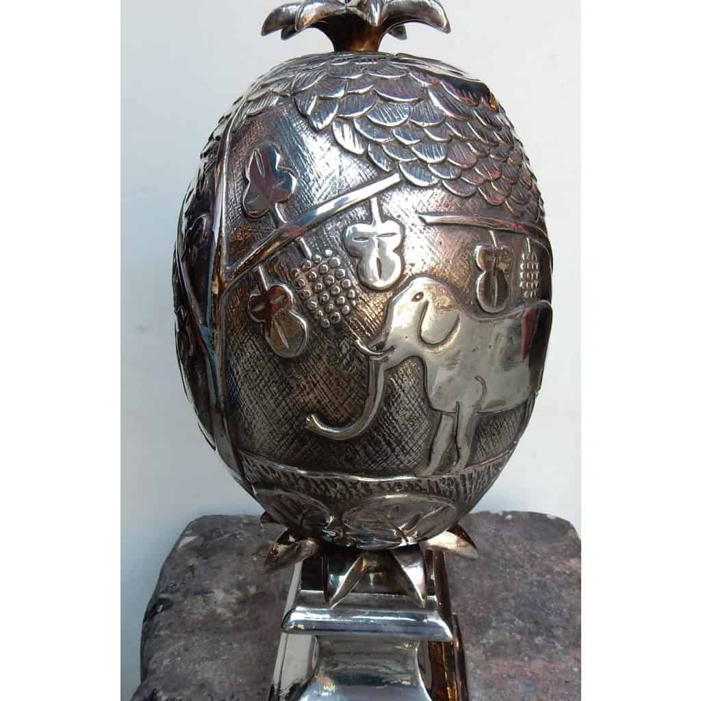 1950/70 Lampe Ananas Décor Animaux Métal Argenté | Biron 1950/70 Lampe Ananas Décor Animaux Métal Argenté