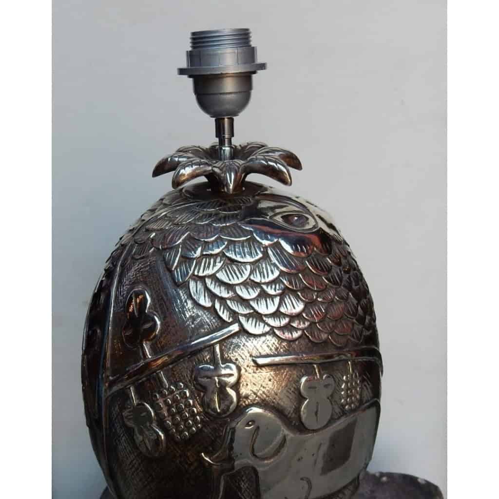 1950/70 Lampe Ananas Décor Animaux Métal Argenté | Biron 1950/70 Lampe Ananas Décor Animaux Métal Argenté
