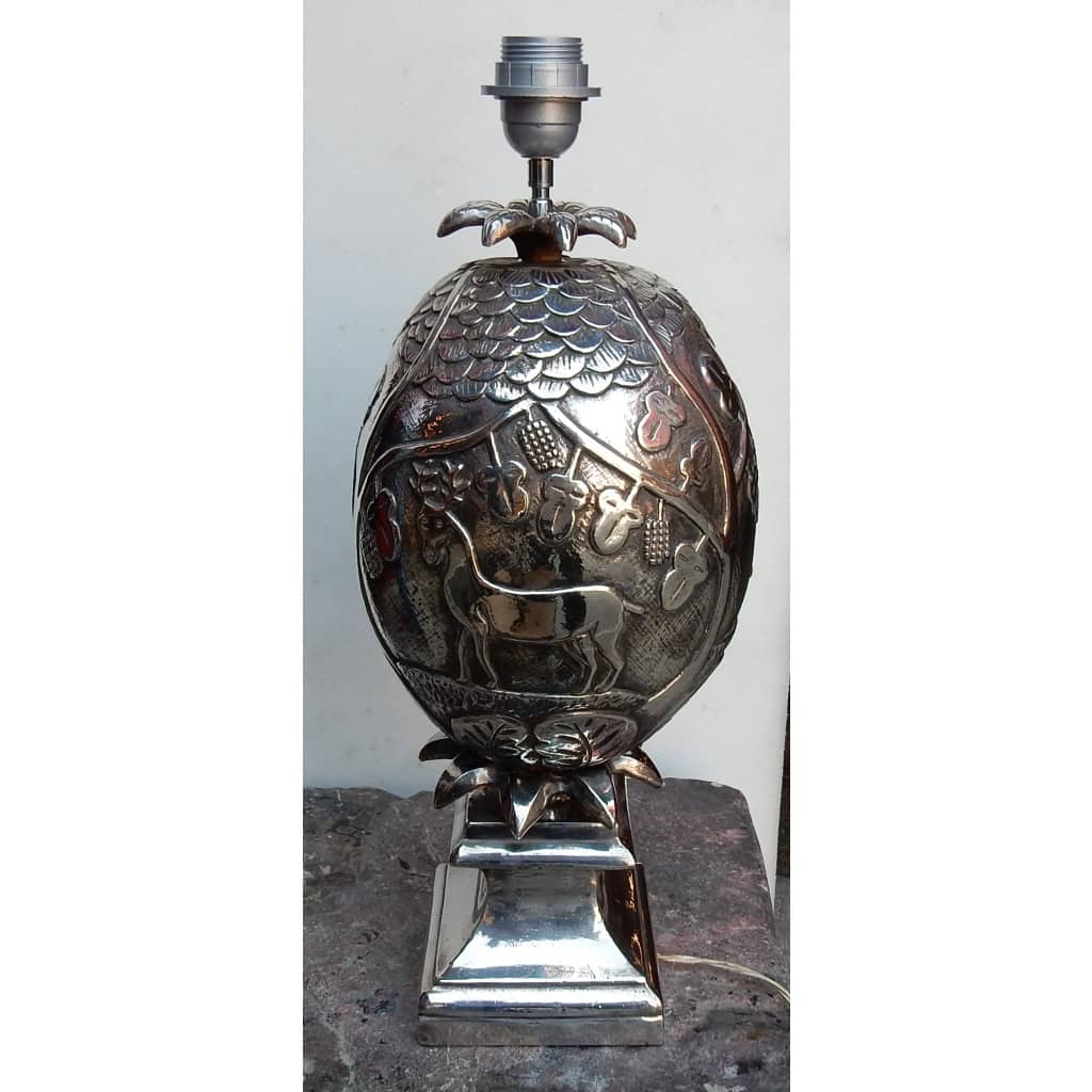 1950/70 Lampe Ananas Décor Animaux Métal Argenté | Biron 1950/70 Lampe Ananas Décor Animaux Métal Argenté