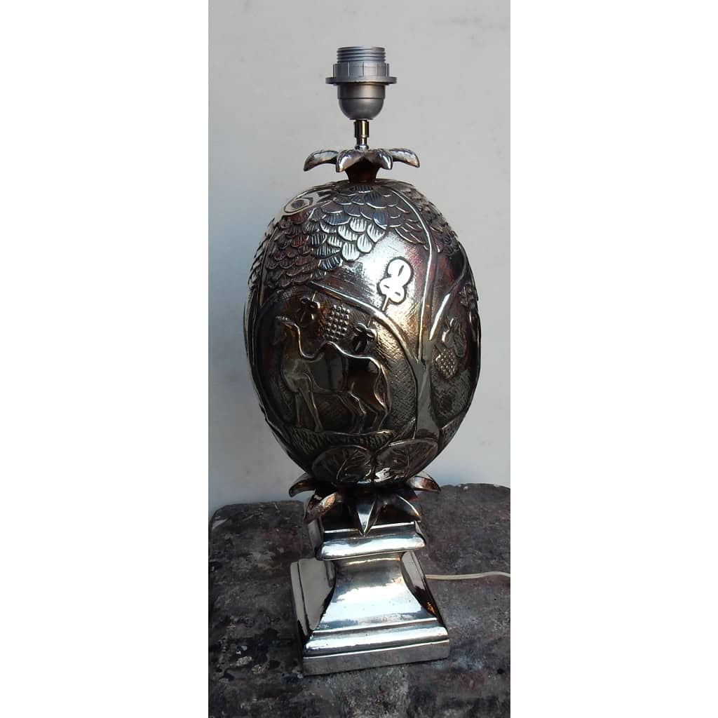 1950/70 Lampe Ananas Décor Animaux Métal Argenté | Biron 1950/70 Lampe Ananas Décor Animaux Métal Argenté