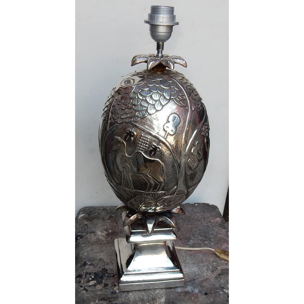 1950/70 Lampe Ananas Décor Animaux Métal Argenté | Biron 1950/70 Lampe Ananas Décor Animaux Métal Argenté
