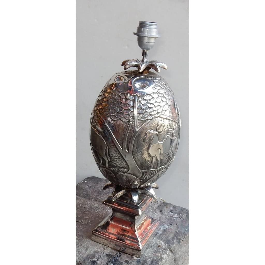 1950/70 Lampe Ananas Décor Animaux Métal Argenté | Biron 1950/70 Lampe Ananas Décor Animaux Métal Argenté