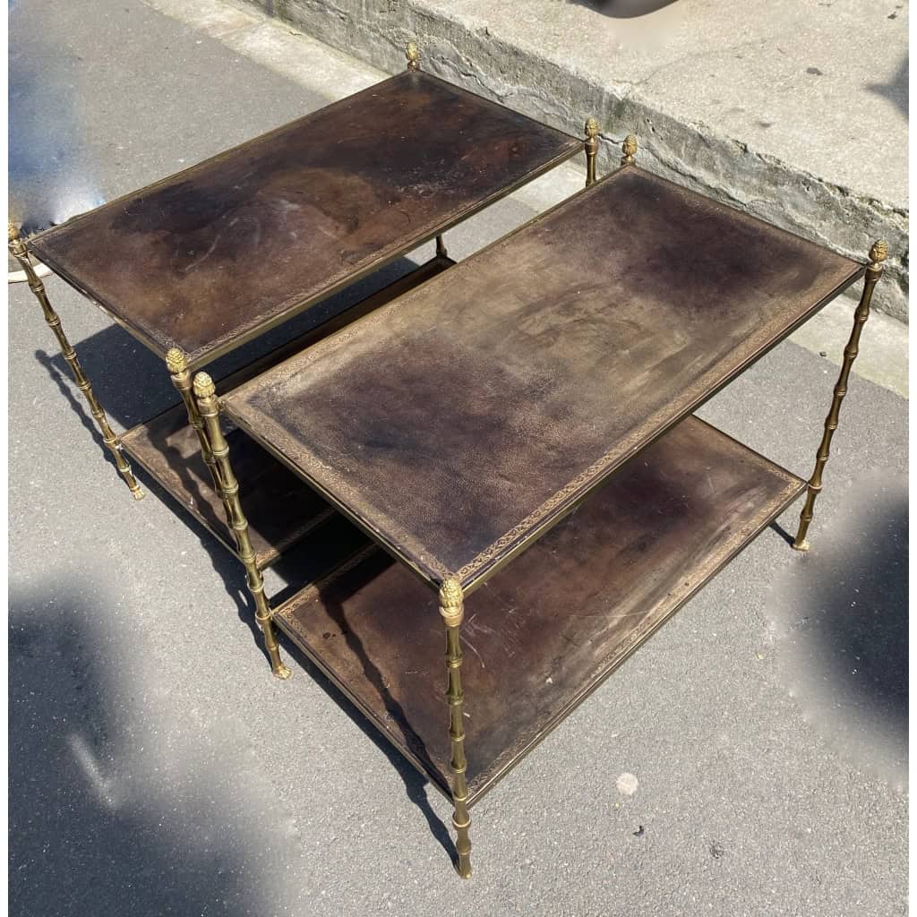 1970′ Paire De Bouts De Canapés à 2 Niveaux Maison Baguès Plateaux Cuir Vintage 2
