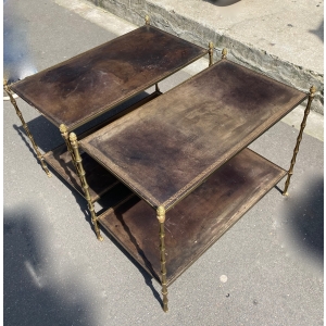 1970′ Paire De Bouts De Canapés à 2 Niveaux Maison Baguès Plateaux Cuir Vintage