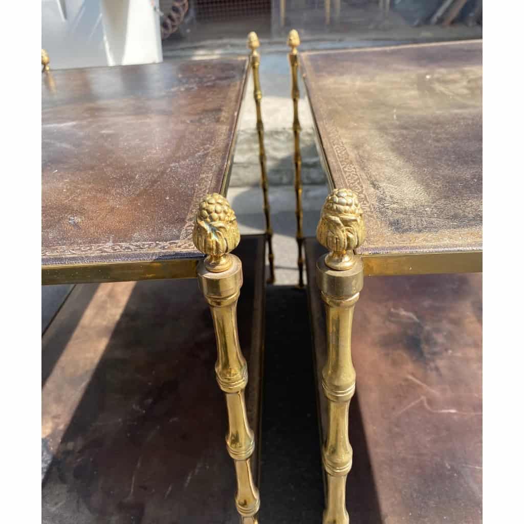 1970′ Paire De Bouts De Canapés à 2 Niveaux Maison Baguès Plateaux Cuir Vintage 3
