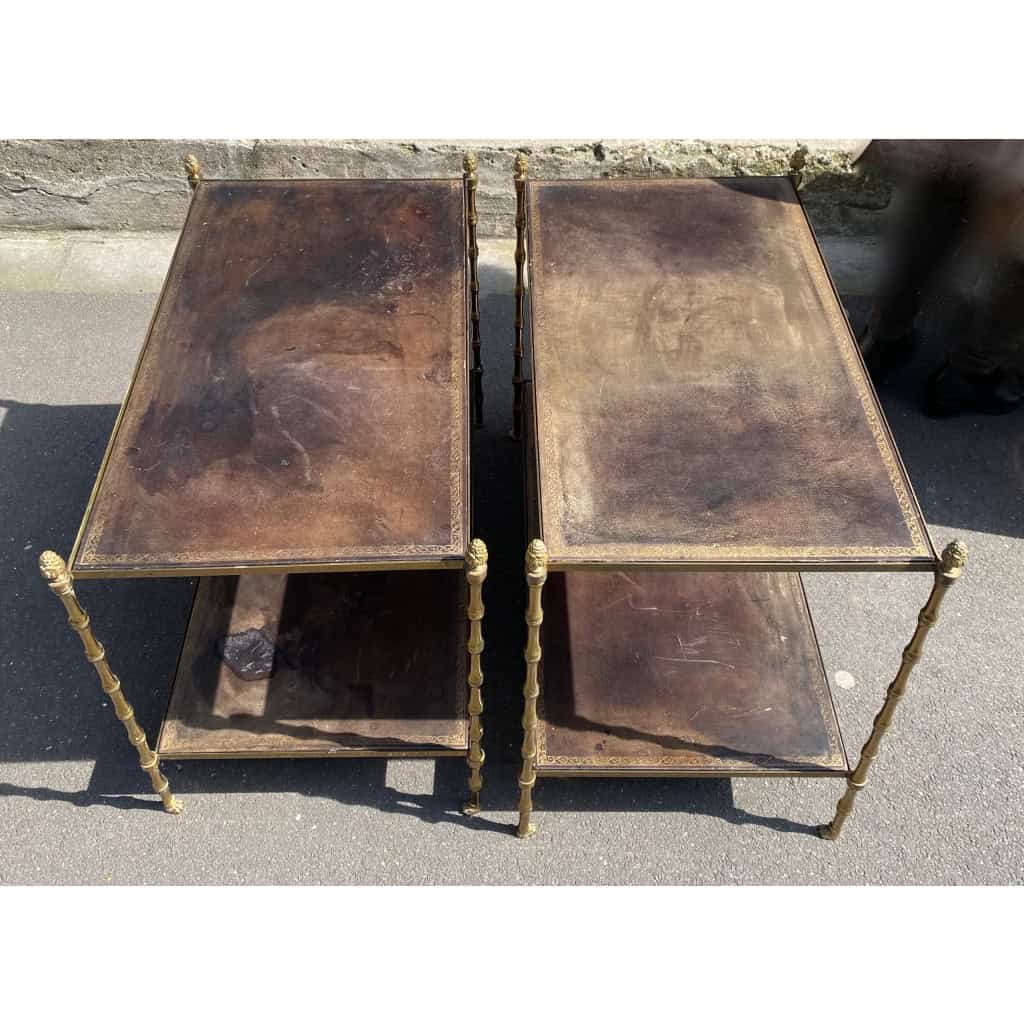 1970′ Paire De Bouts De Canapés à 2 Niveaux Maison Baguès Plateaux Cuir Vintage 4