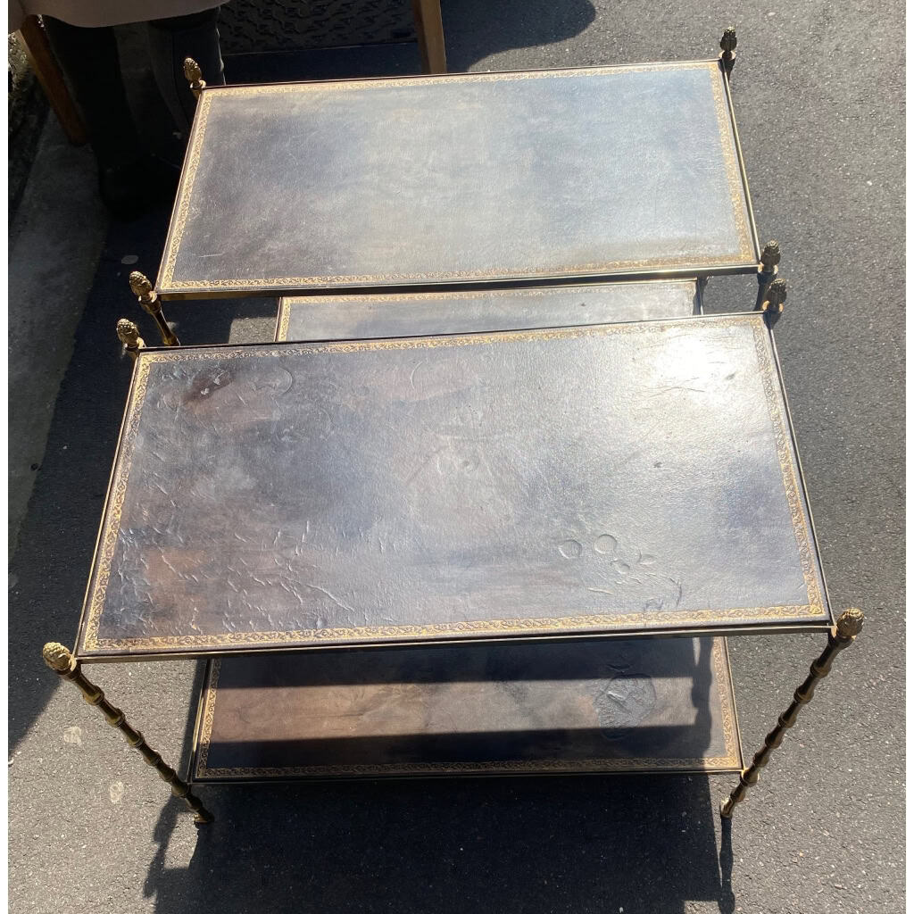1970′ Paire De Bouts De Canapés à 2 Niveaux Maison Baguès Plateaux Cuir Vintage 5