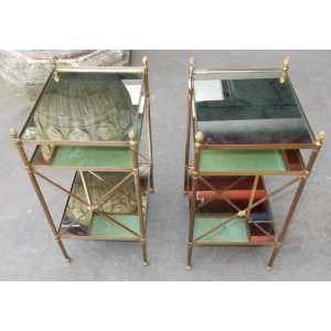 1950/70′ Paire d’Étagères en Laiton à 3 Niveaux Maison Baguès à Croisillons Plateaux Miroirs Vieillis
