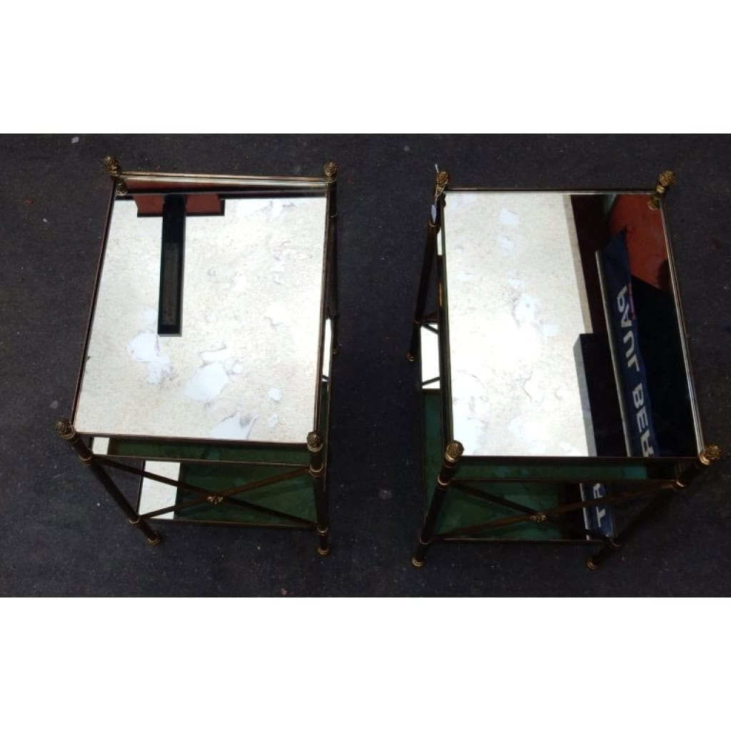 1950/70′ Paire d’Étagères en Laiton à 3 Niveaux Maison Baguès à Croisillons Plateaux Miroirs Vieillis 3