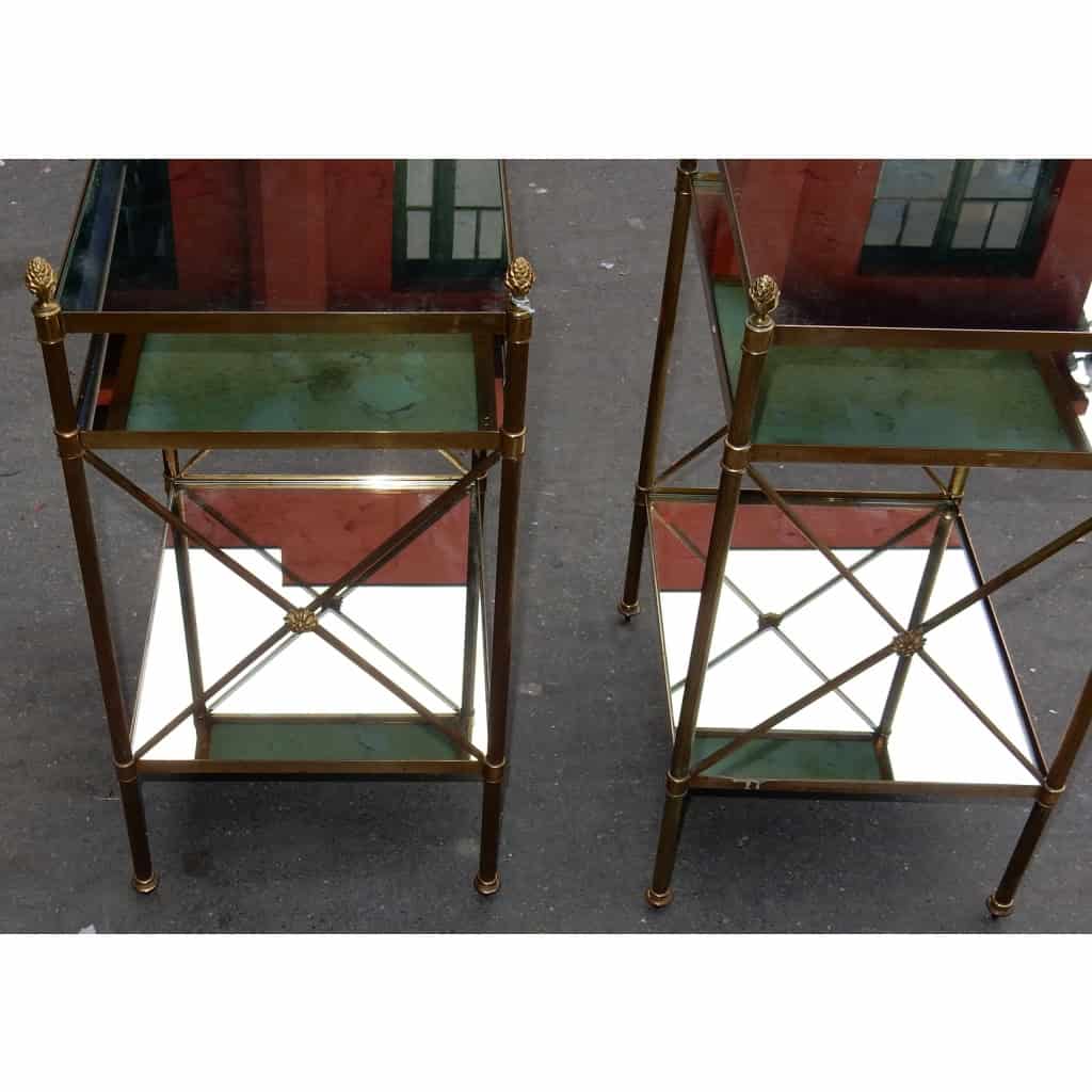 1950/70′ Paire d’Étagères en Laiton à 3 Niveaux Maison Baguès à Croisillons Plateaux Miroirs Vieillis 4