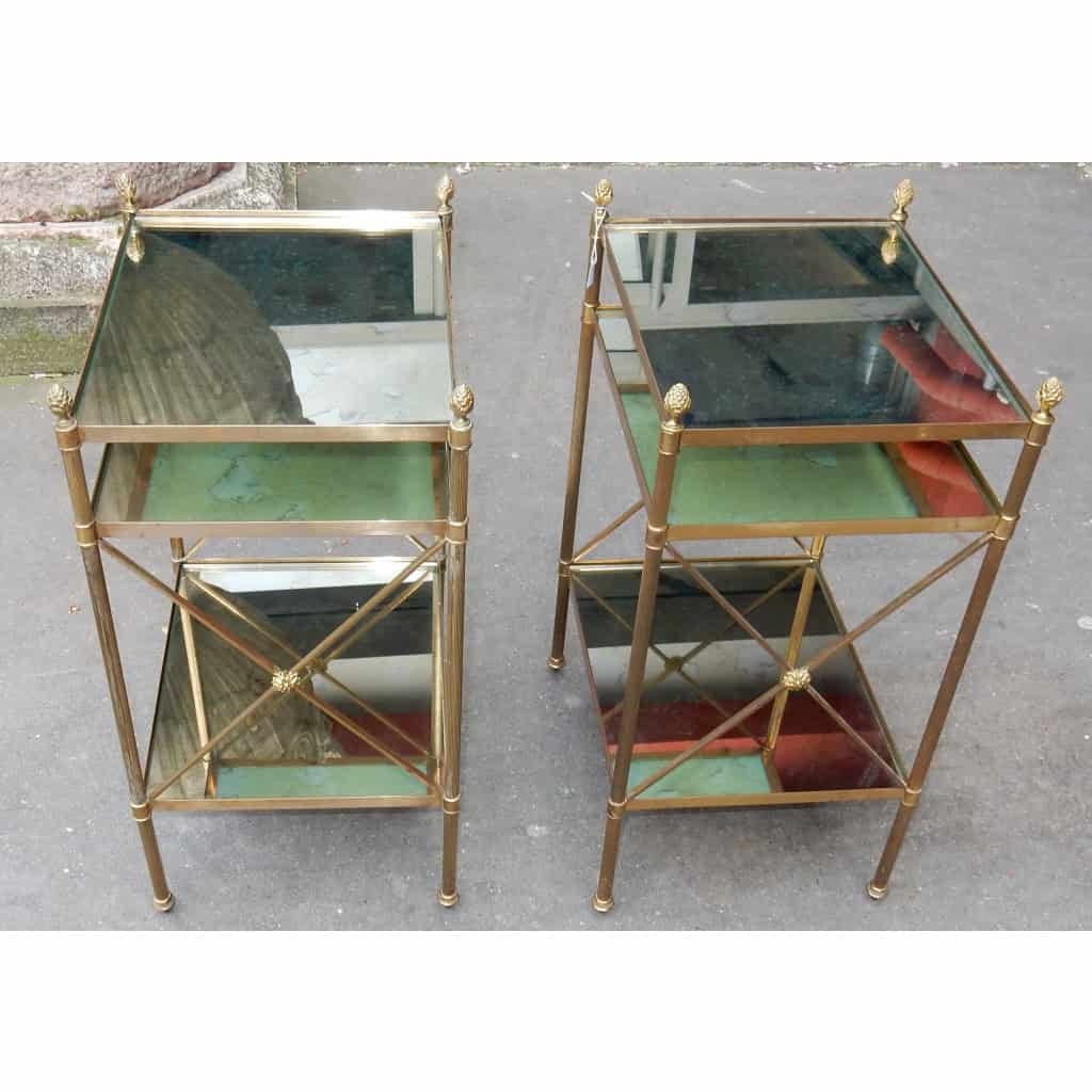 1950/70′ Paire d’Étagères en Laiton à 3 Niveaux Maison Baguès à Croisillons Plateaux Miroirs Vieillis 5