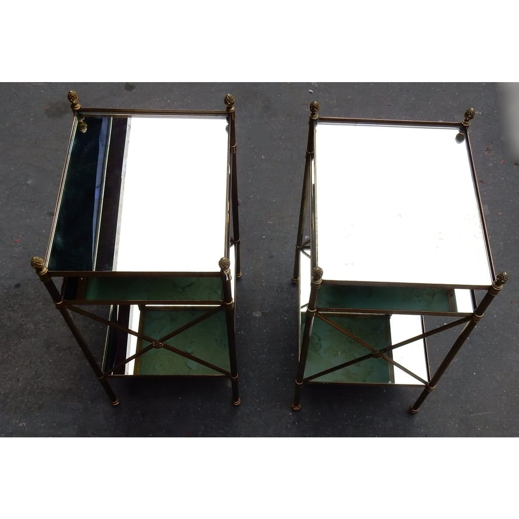 1950/70′ Paire d’Étagères en Laiton à 3 Niveaux Maison Baguès à Croisillons Plateaux Miroirs Vieillis 6