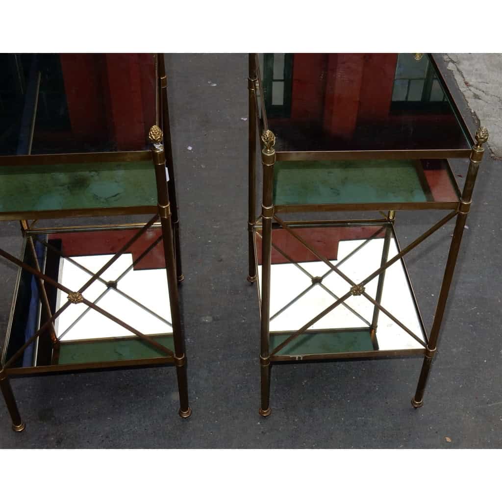 1950/70′ Paire d’Étagères en Laiton à 3 Niveaux Maison Baguès à Croisillons Plateaux Miroirs Vieillis 8