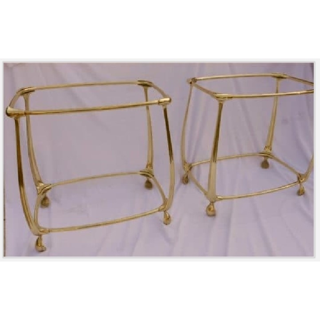 1970/80′ Paire de Tables en Bronze Doré à 2 Niveaux Style Art Nouveau Plateaux Verre et Opaline