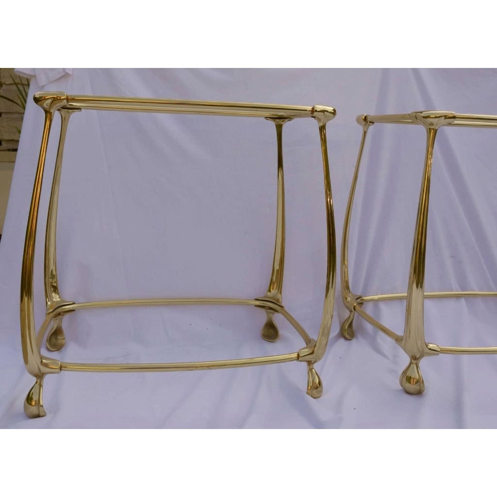 1970/80′ Paire de Tables en Bronze Doré à 2 Niveaux Style Art Nouveau Plateaux Verre et Opaline
