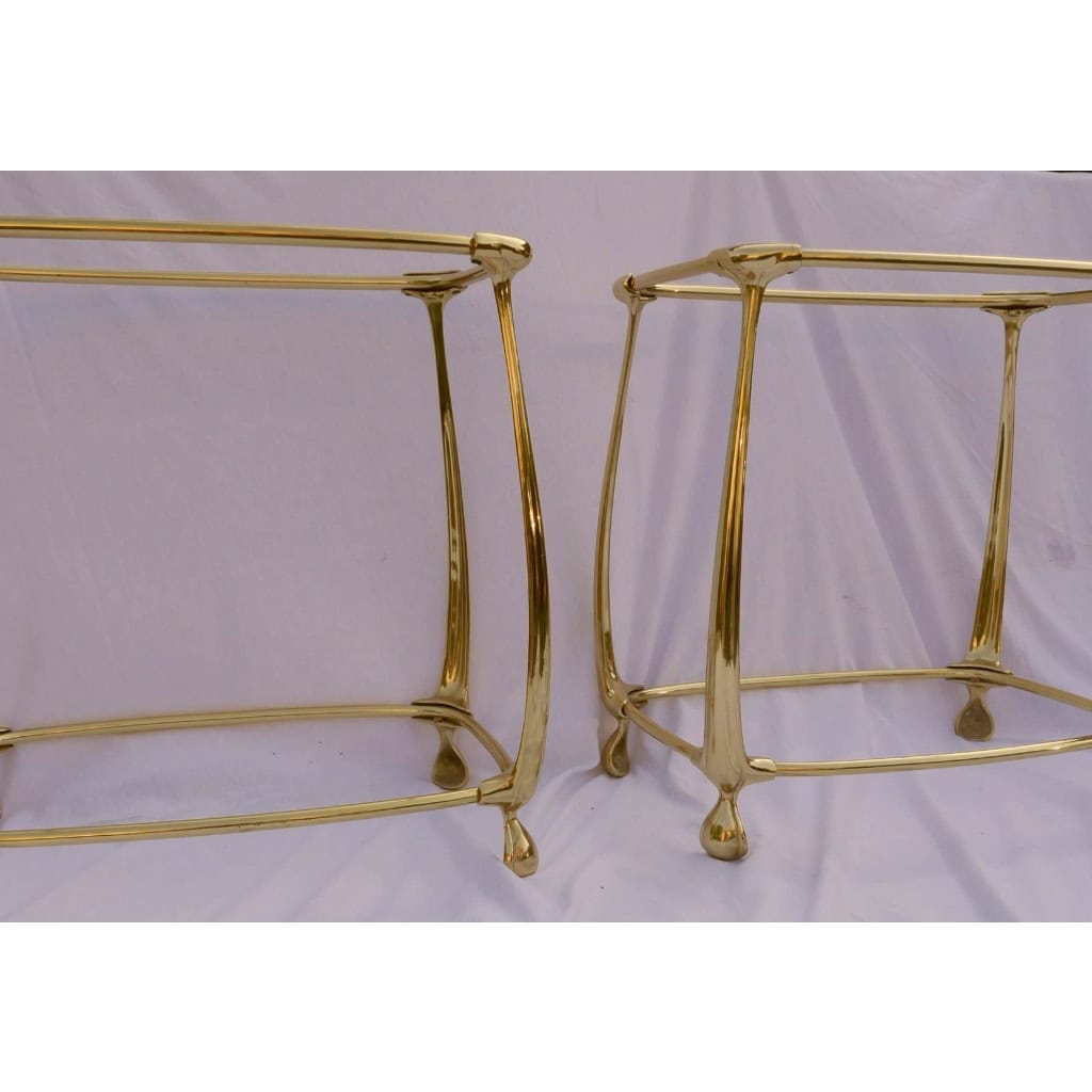 1970/80′ Paire de Tables en Bronze Doré à 2 Niveaux Style Art Nouveau Plateaux Verre et Opaline