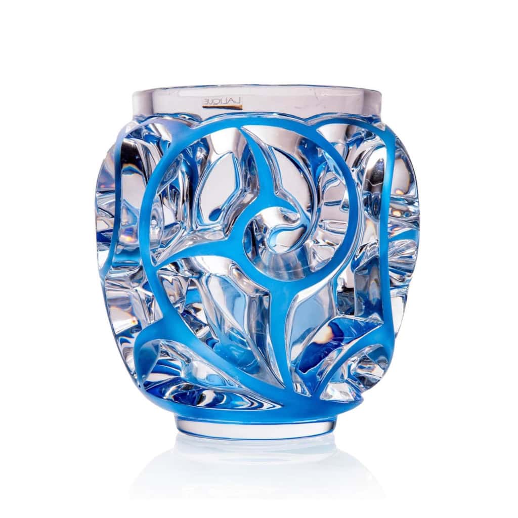 Cristal Lalique ,Vase « tourbillon « Emaillé Bleu. » | Biron ||||||