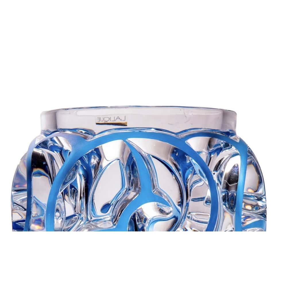 Cristal Lalique ,Vase « tourbillon « Emaillé Bleu. » | Biron Cristal Lalique ,Vase "tourbillon "Emaillé Bleu."