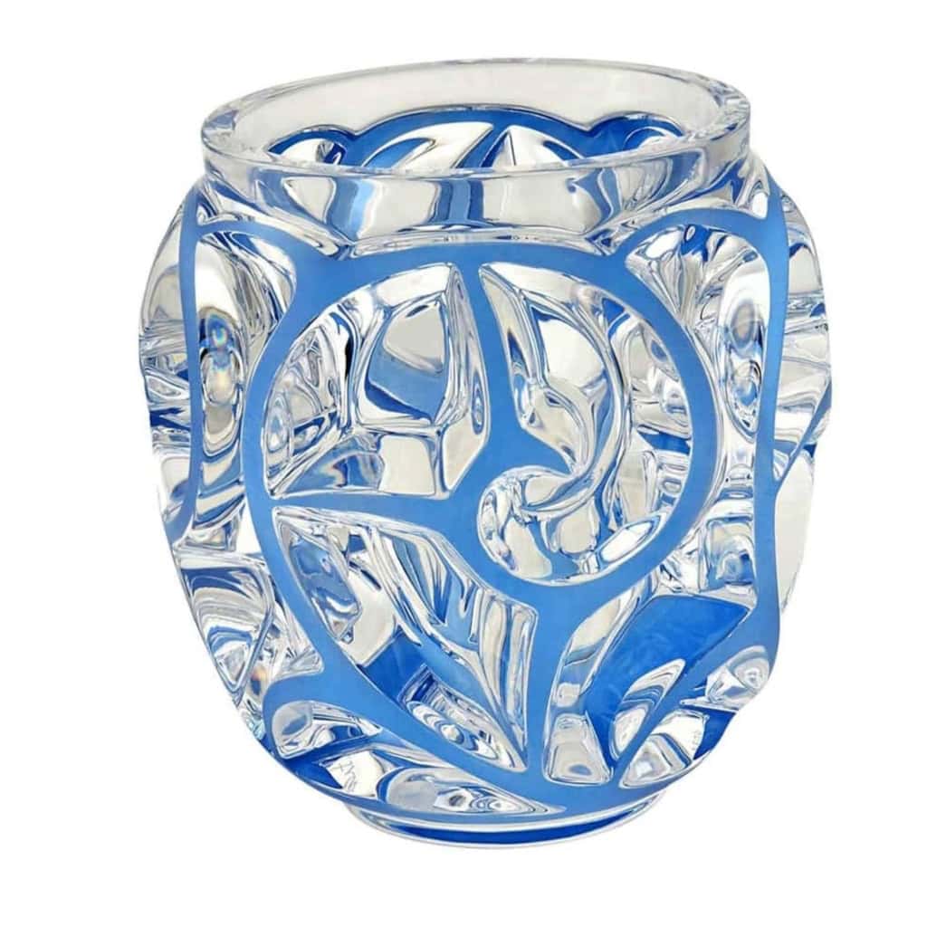 Cristal Lalique ,Vase « tourbillon « Emaillé Bleu. » | Biron Cristal Lalique ,Vase "tourbillon "Emaillé Bleu."