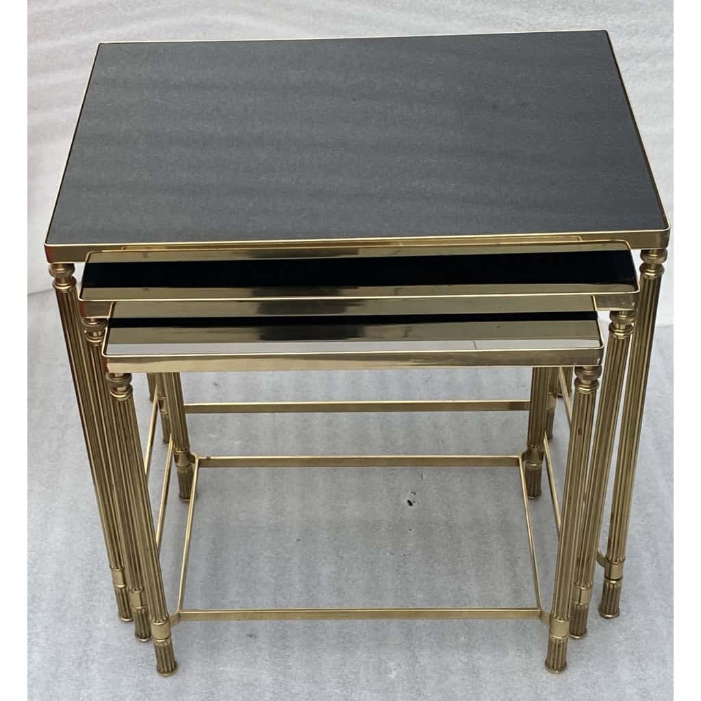 1970′ Tables Gigognes Maison Baguès, 3 Plateaux Miroir Noir et Montants Cannelés 2