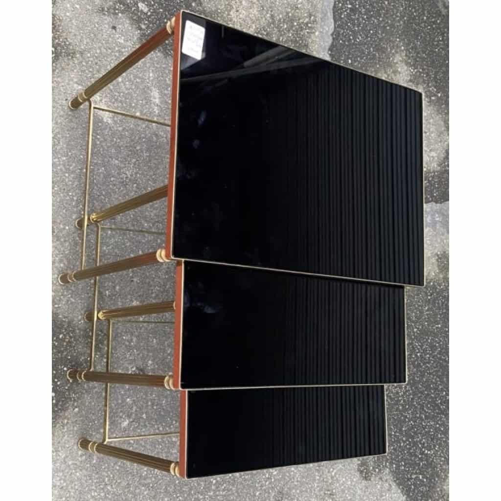 1970′ Tables Gigognes Maison Baguès, 3 Plateaux Miroir Noir et Montants Cannelés 3