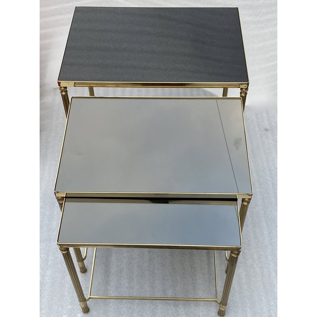1970′ Tables Gigognes Maison Baguès, 3 Plateaux Miroir Noir et Montants Cannelés 4