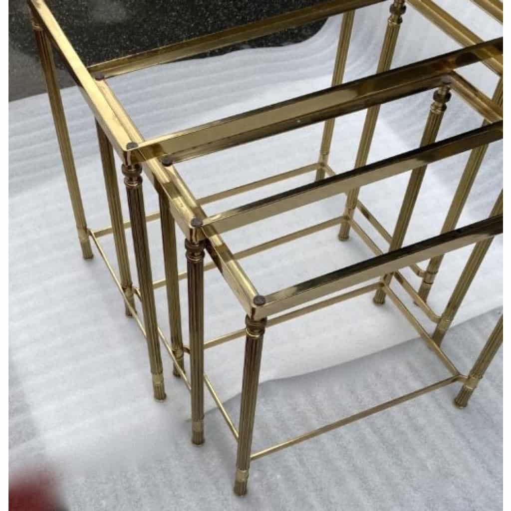 1970′ Tables Gigognes Maison Baguès, 3 Plateaux Miroir Noir et Montants Cannelés 7