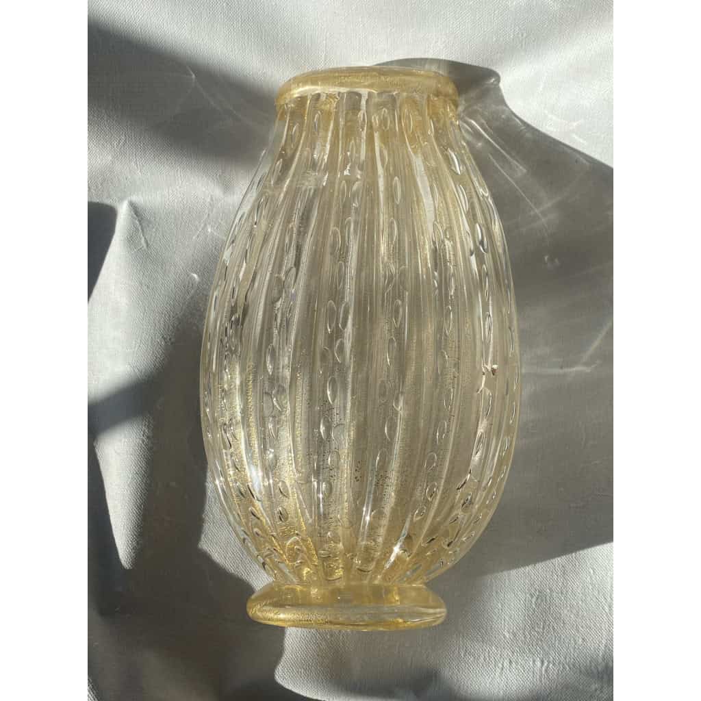 1970′ Vase Cristal Murano Avec Paillons D’Or Signés Murano Alberto Dama