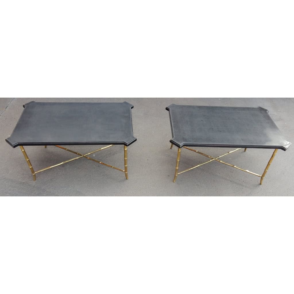 1950/70′ Paire de Bouts de Canapés Bronze Modèle Bambou Plateau Laque de Chine Style Maison Jansen