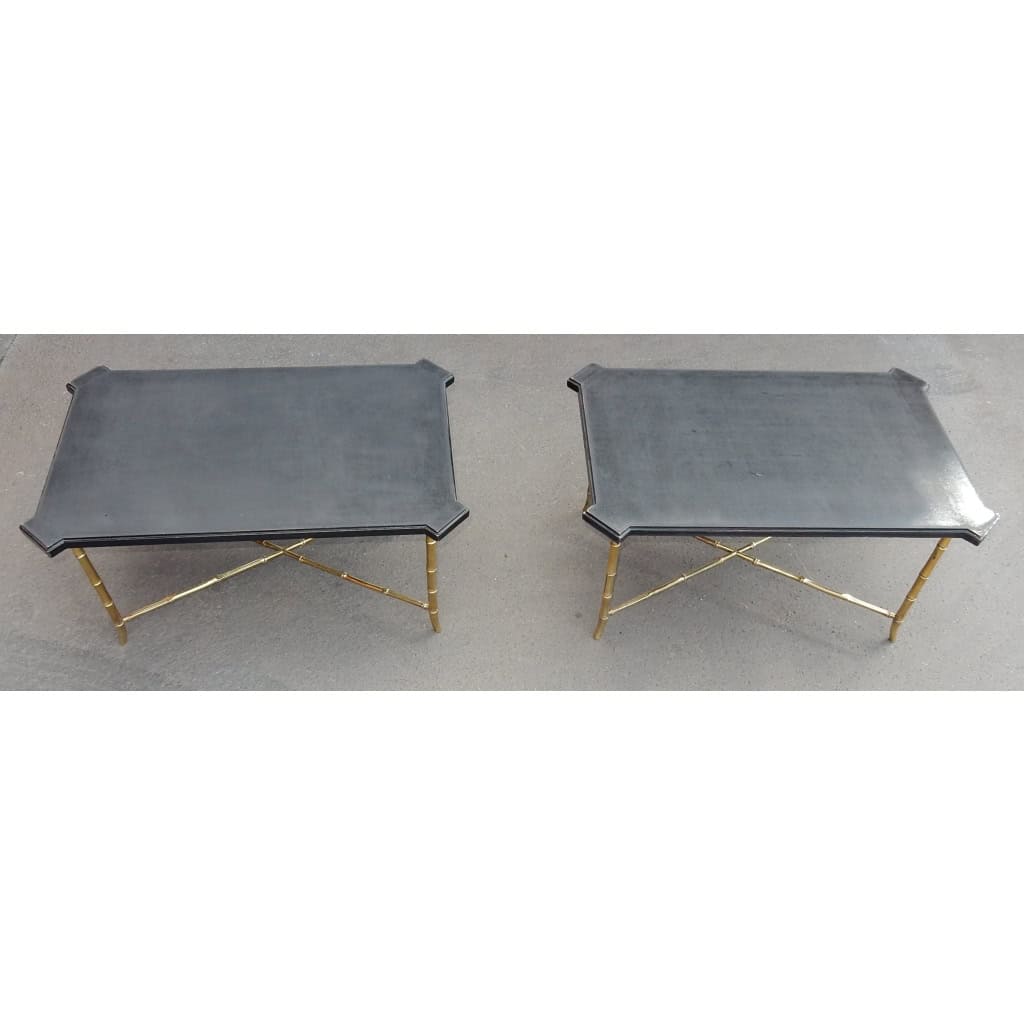 1950/70′ Paire de Bouts de Canapés Bronze Modèle Bambou Plateau Laque de Chine Style Maison Jansen