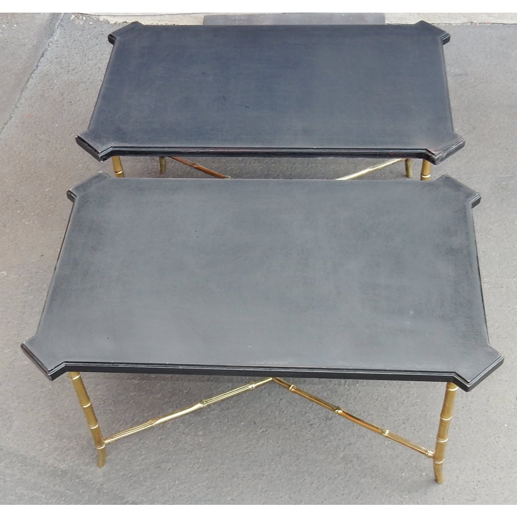 1950/70′ Paire de Bouts de Canapés Bronze Modèle Bambou Plateau Laque de Chine Style Maison Jansen