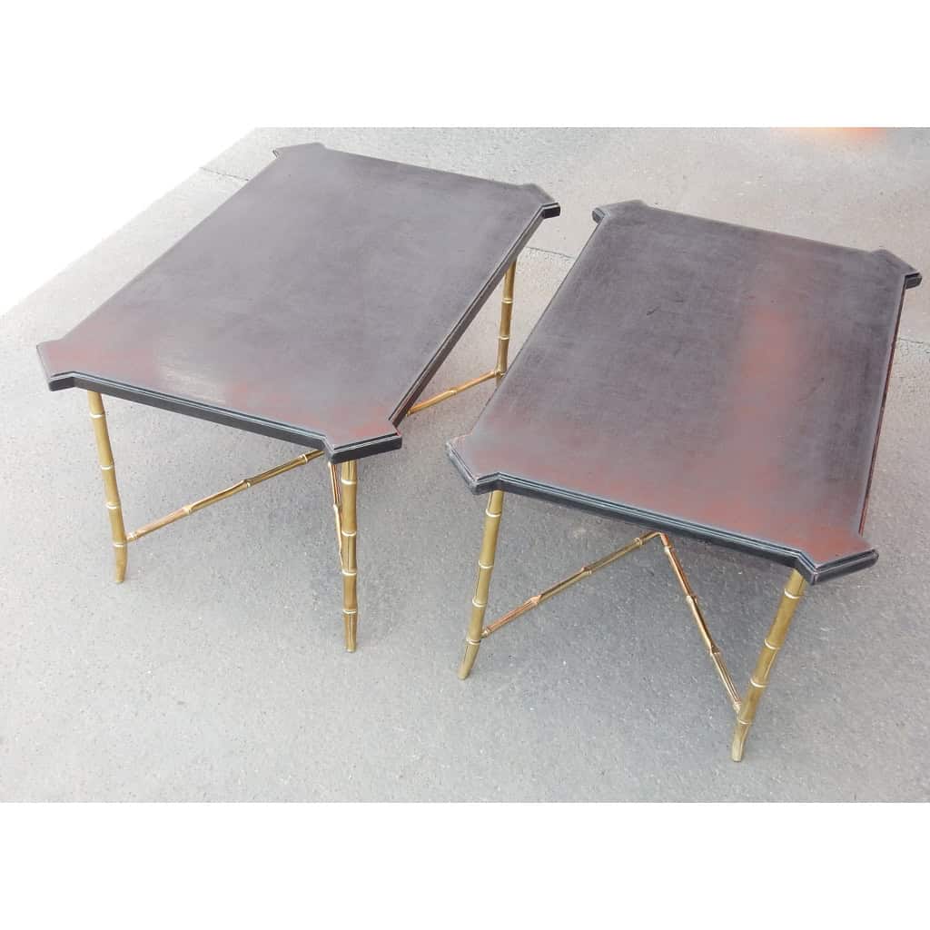 1950/70′ Paire de Bouts de Canapés Bronze Modèle Bambou Plateau Laque de Chine Style Maison Jansen