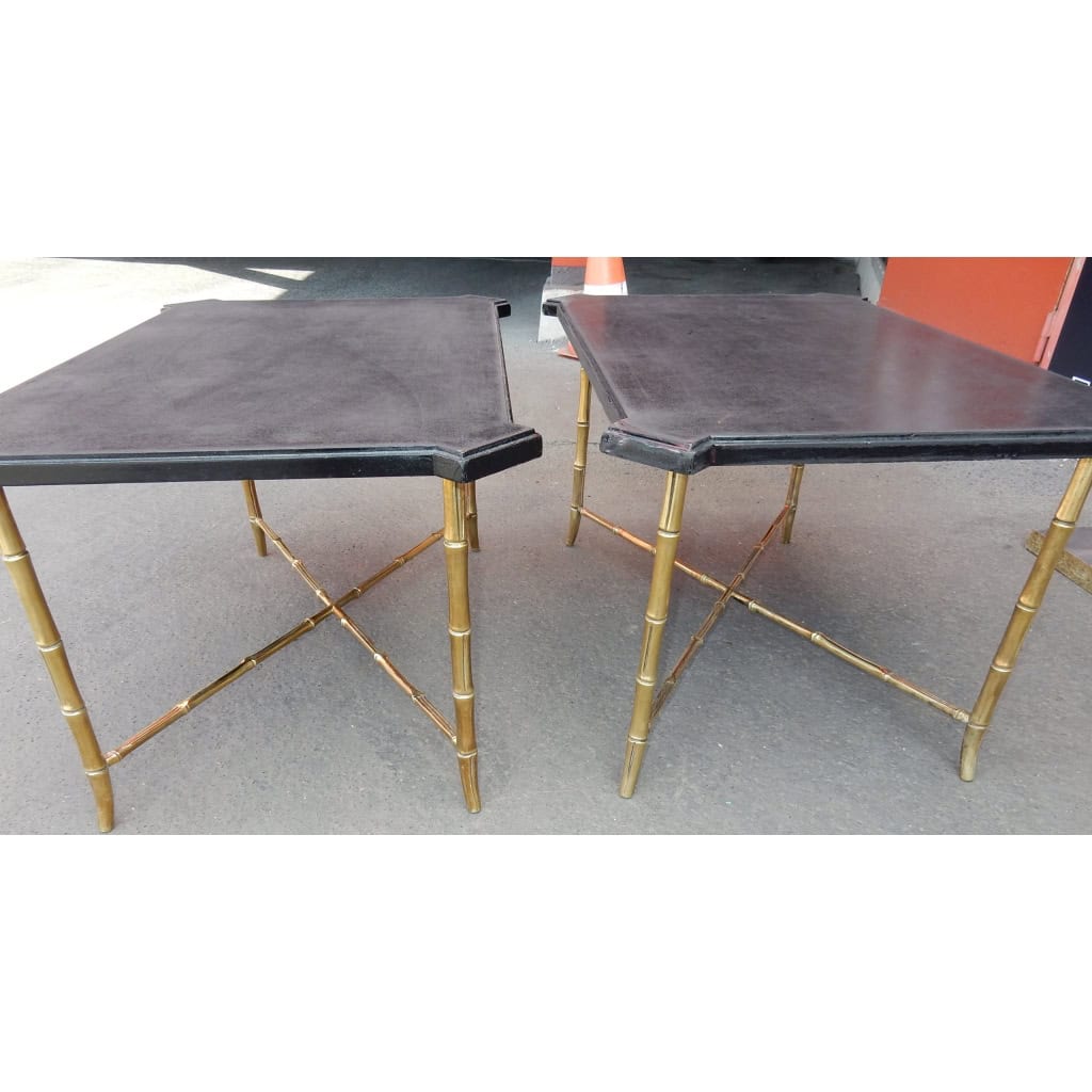 1950/70′ Paire de Bouts de Canapés Bronze Modèle Bambou Plateau Laque de Chine Style Maison Jansen