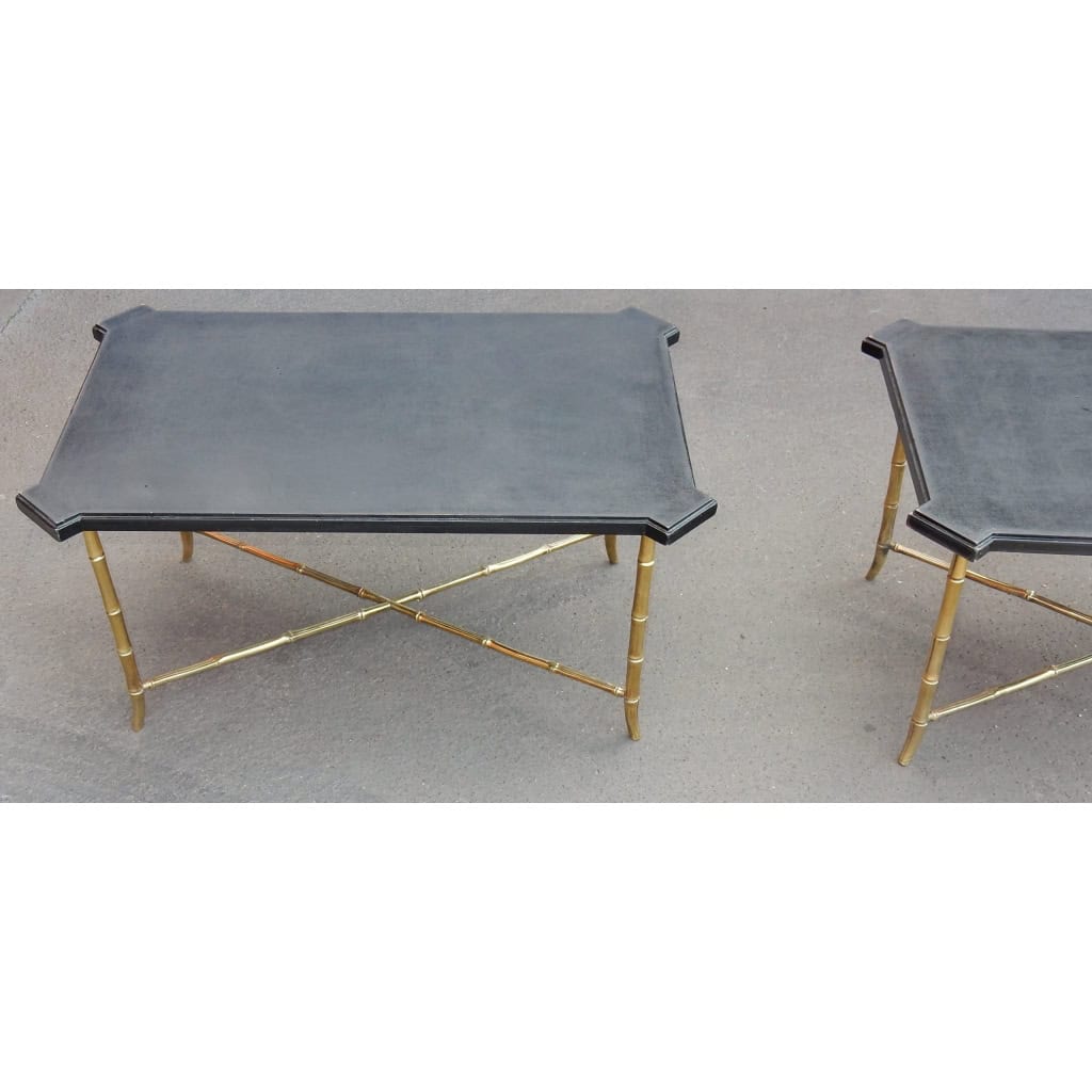 1950/70′ Paire de Bouts de Canapés Bronze Modèle Bambou Plateau Laque de Chine Style Maison Jansen