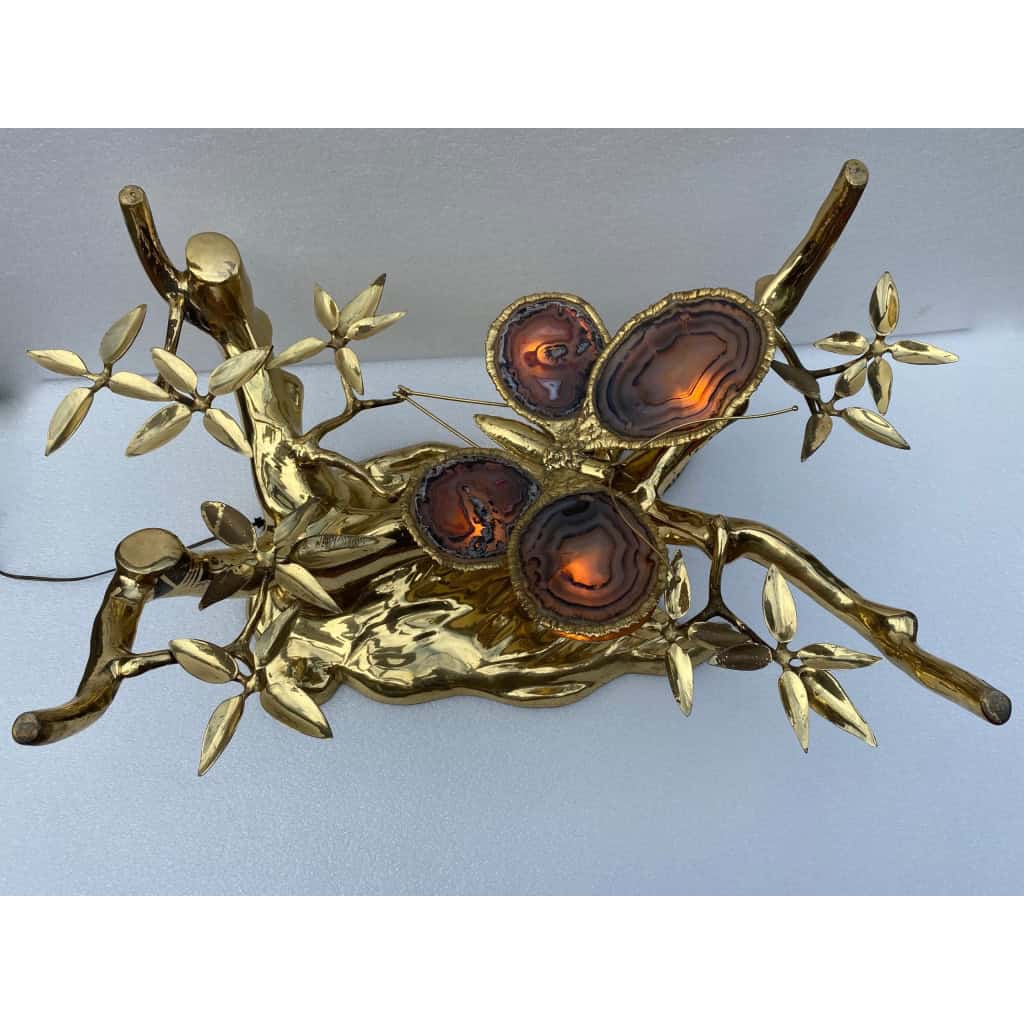 1970’ Table Basse Eclairante Au Bonzai Sur Dune De Sable En bronze doré Isabelle Faure Ou Duval Brasseur Avec Papillon Ailes En Agate 2