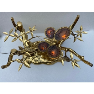 1970’ Table Basse Eclairante Au Bonzai Sur Dune De Sable En bronze doré Isabelle Faure Ou Duval Brasseur Avec Papillon Ailes En Agate